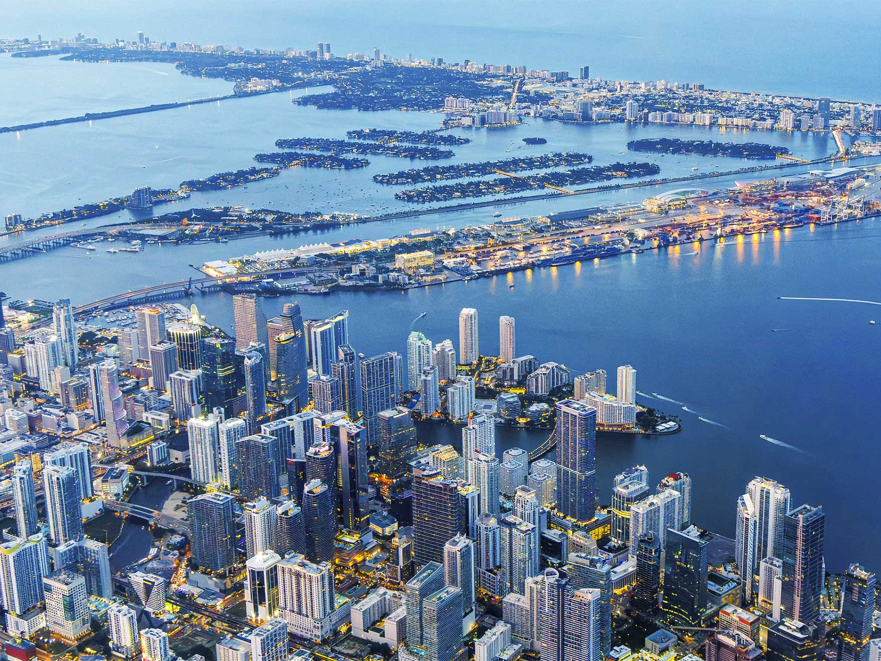 Aerial view of downtown Miami and the bay at dusk